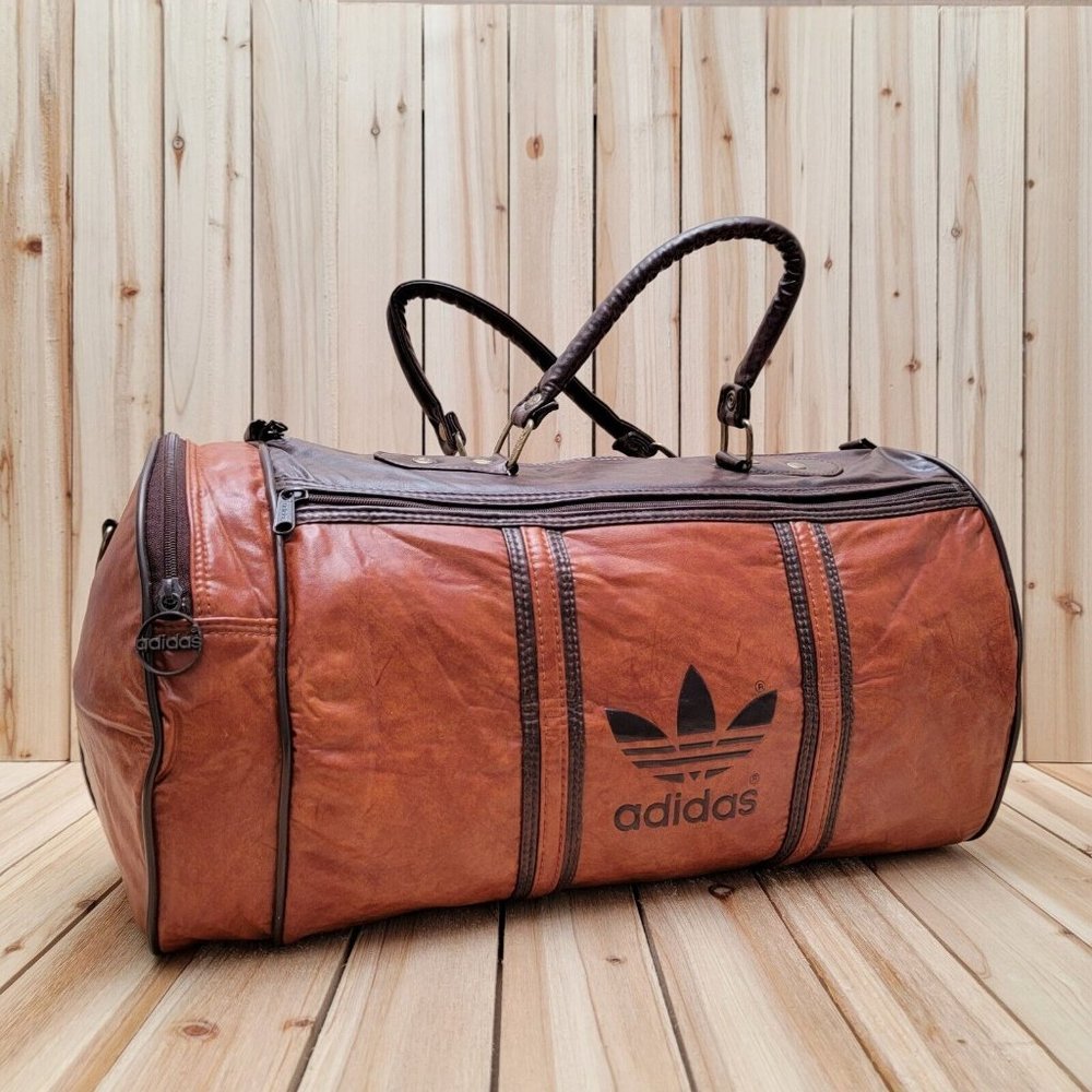 Vintage Adidas Duffel Gym Bag Trefoil Brown Vinyl Retro 80s No Shoulder Strap